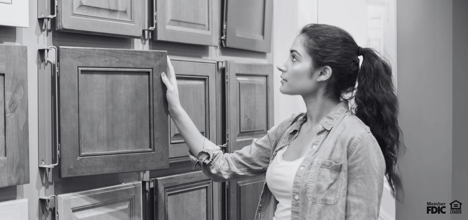 young woman shopping for new cabinet doors